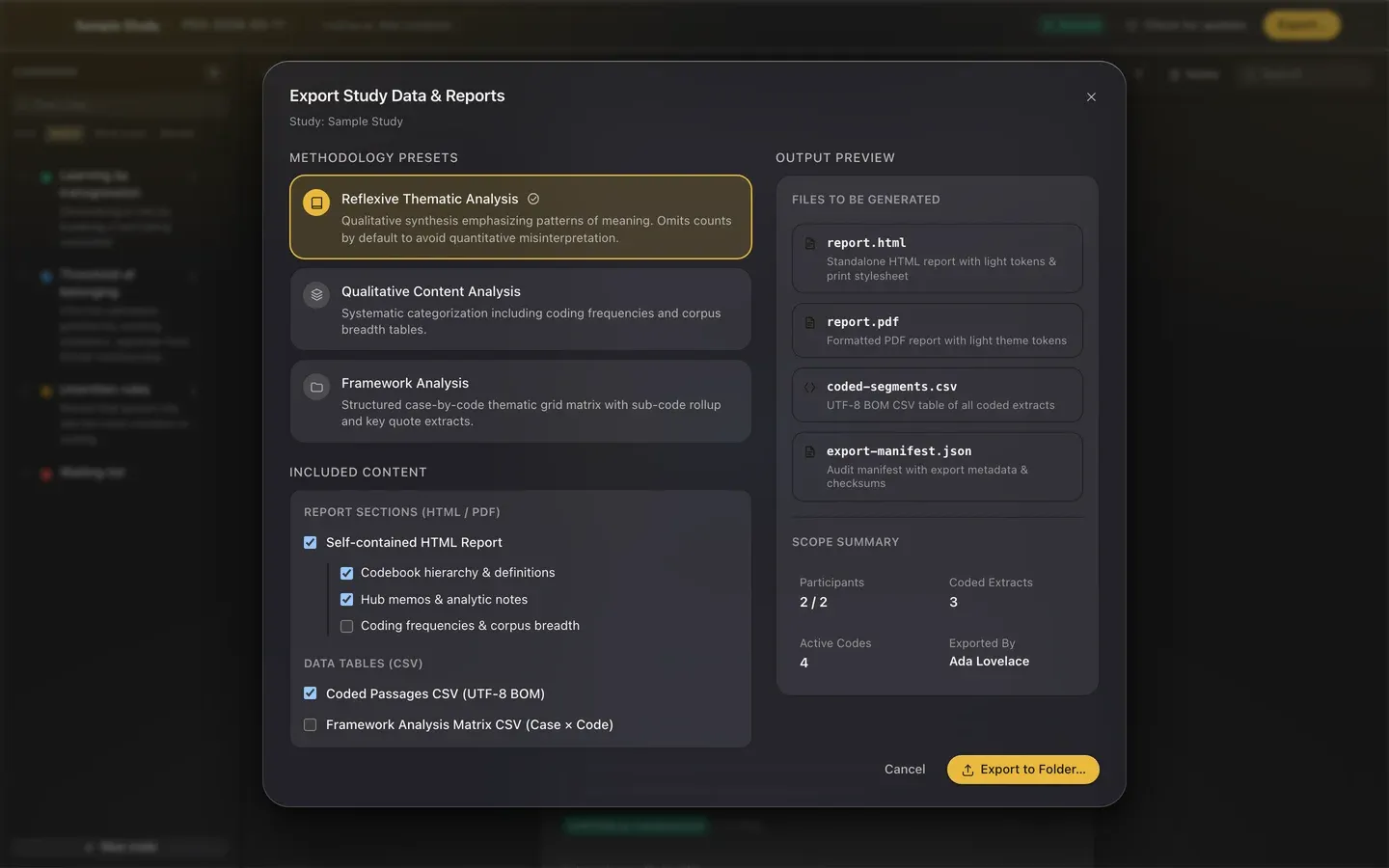 Fleuron export dialog with Reflexive Thematic Analysis preset selected