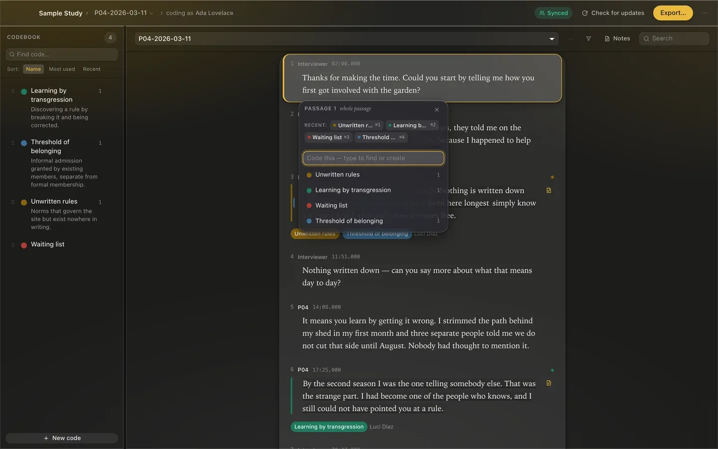 Fleuron transcript view showing a volunteer interview with open coding bubble over text about garden plot rules